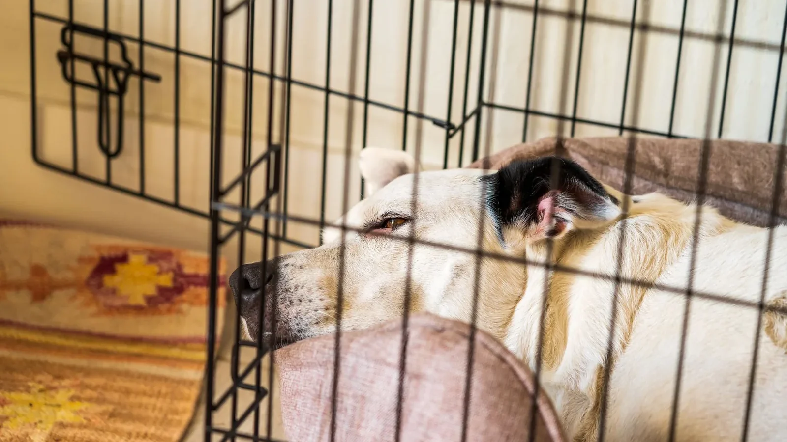 A calm dog rests comfortably inside a cozy kennel, radiating warmth and safety.