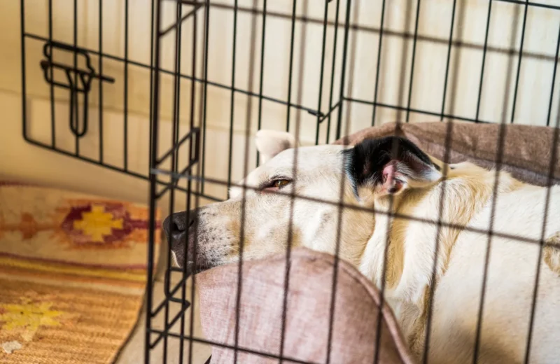 A calm dog rests comfortably inside a cozy kennel, radiating warmth and safety.