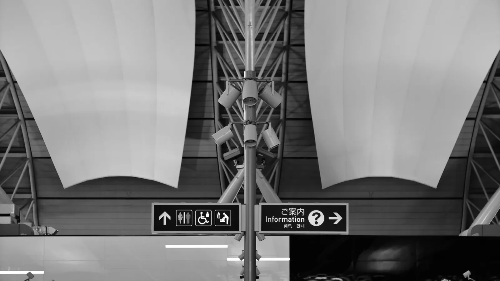 Black and white image of a modern airport interior showcasing architectural design and signage.