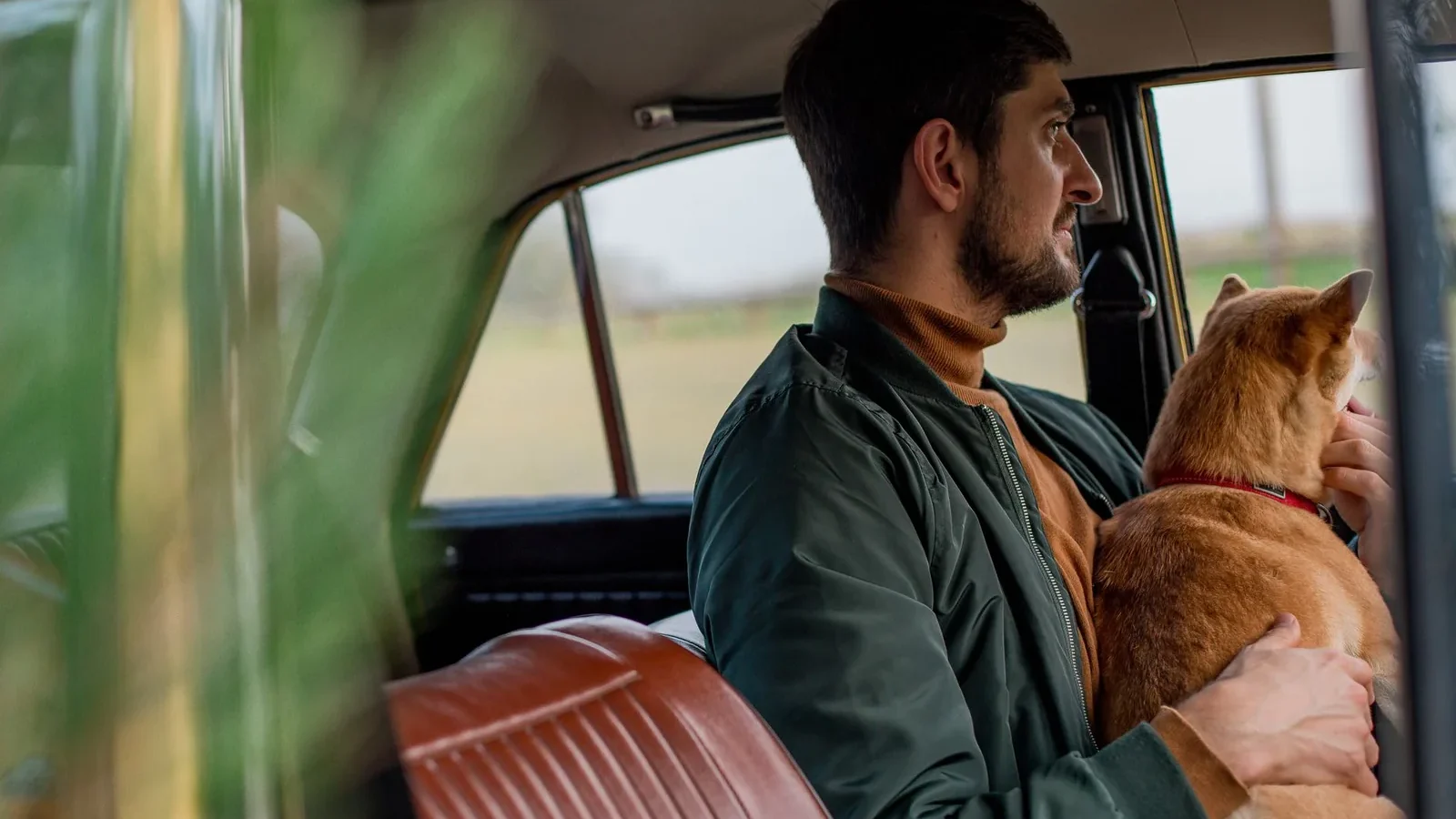 A man and his dog sitting in a vintage car, gazing out the window.