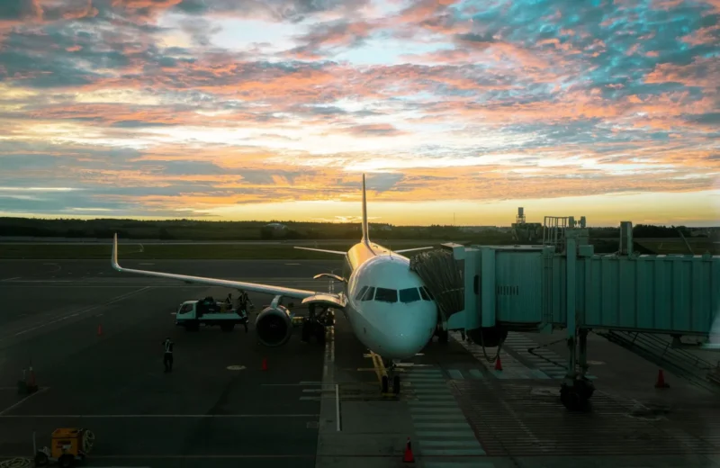 A plane at Makung Airport during a stunning sunset, reflecting vibrant skies.