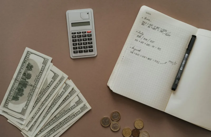 Flat lay with calculator, notebook, and US dollars ideal for financial concepts.