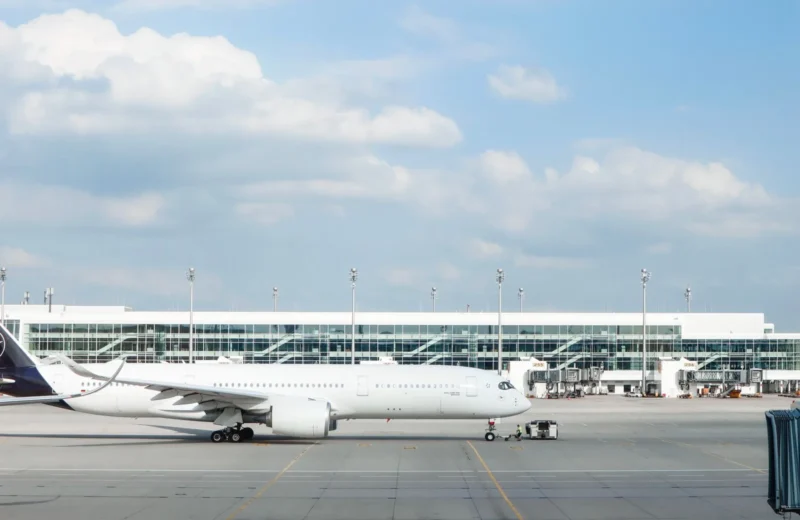 Widebody aircraft parked at an airport gate during clear day with terminal building visible.