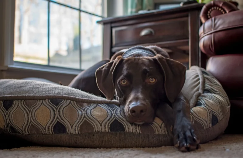 A chocolate Labrador Retriever lounging on a cushion by a window inside a home.