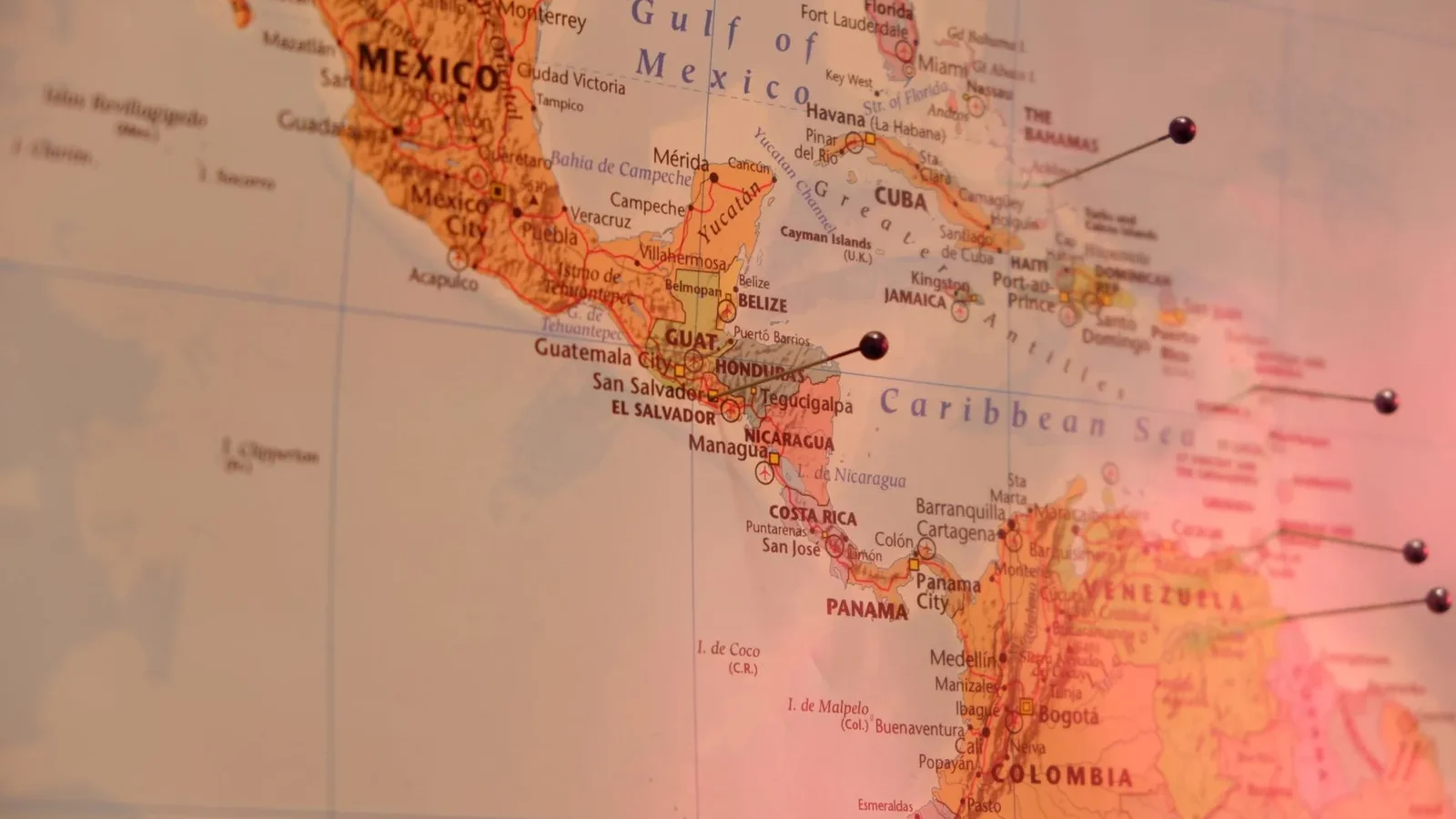 Close-up of a marked map of Central America, featuring countries like Mexico and Colombia.