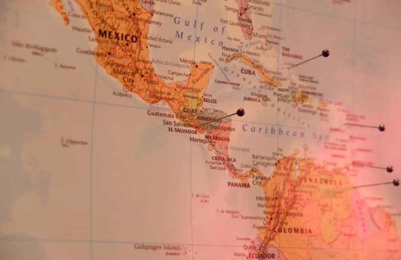 Close-up of a marked map of Central America, featuring countries like Mexico and Colombia.