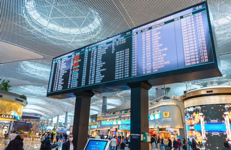 Passengers walk through Istanbul Airport's departure area, surrounded by stores and flight information displays.