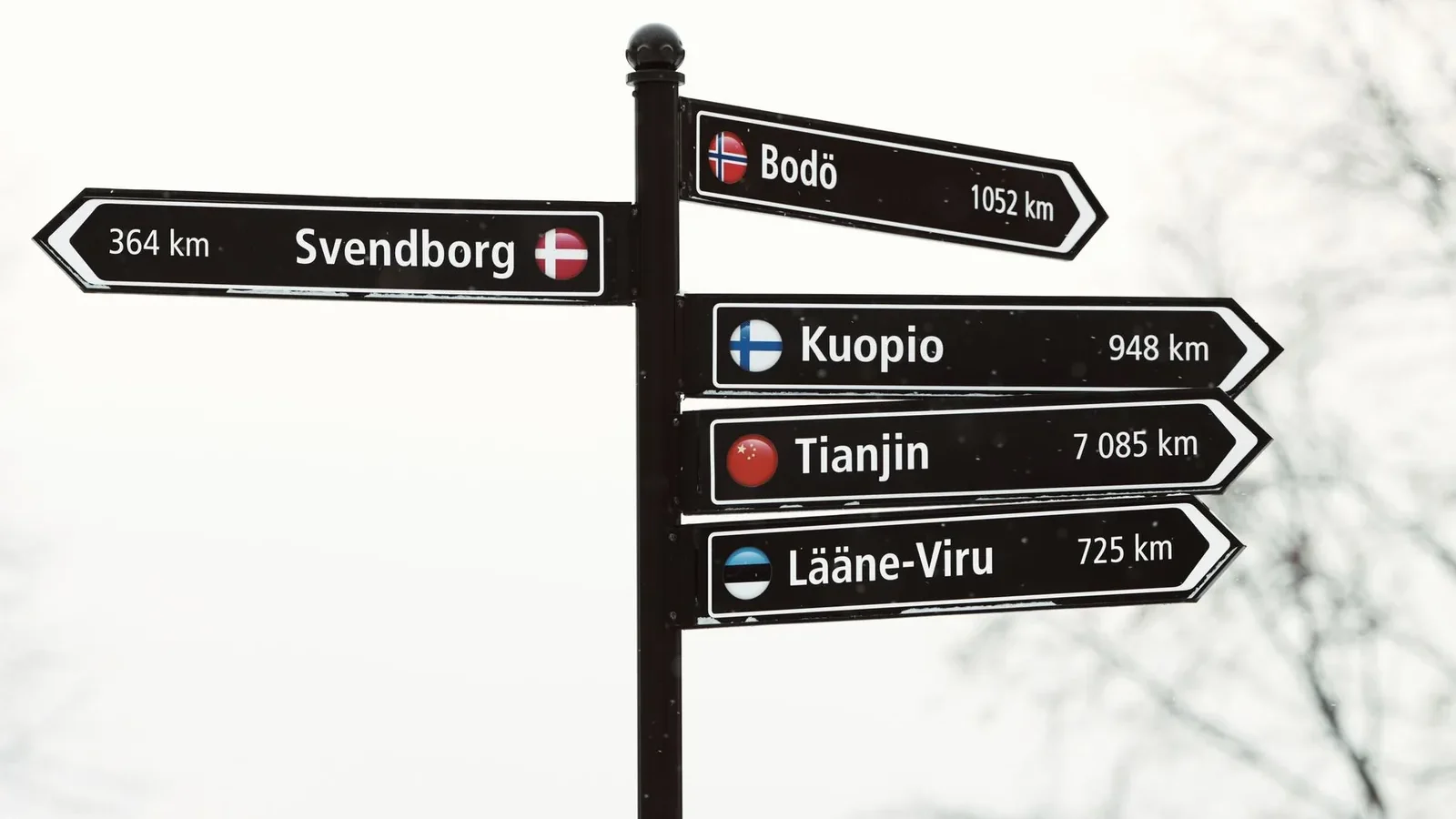 Snowy directional signpost showing distances to various cities from Jönköping, Sweden.