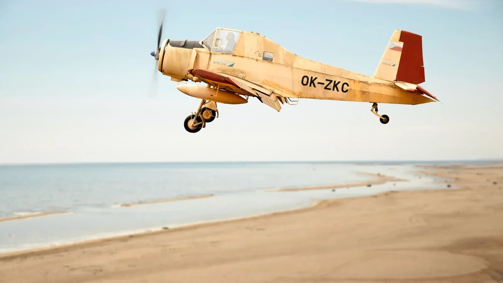 A vintage propeller plane flying low over the beach in Salacgrīva, Latvia.