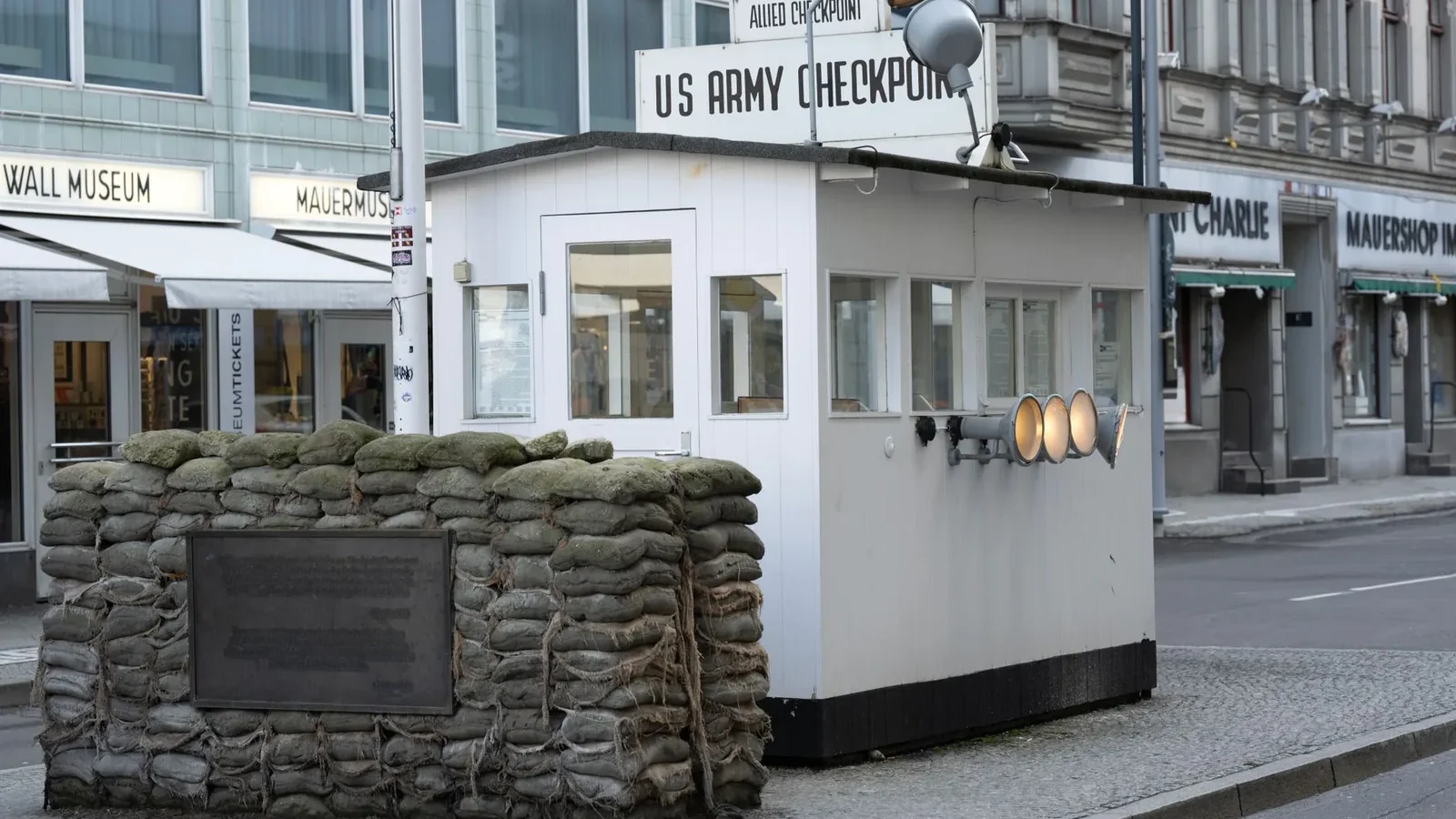 Historic US Army checkpoint at Berlin's Mauermuseum near former Berlin Wall.