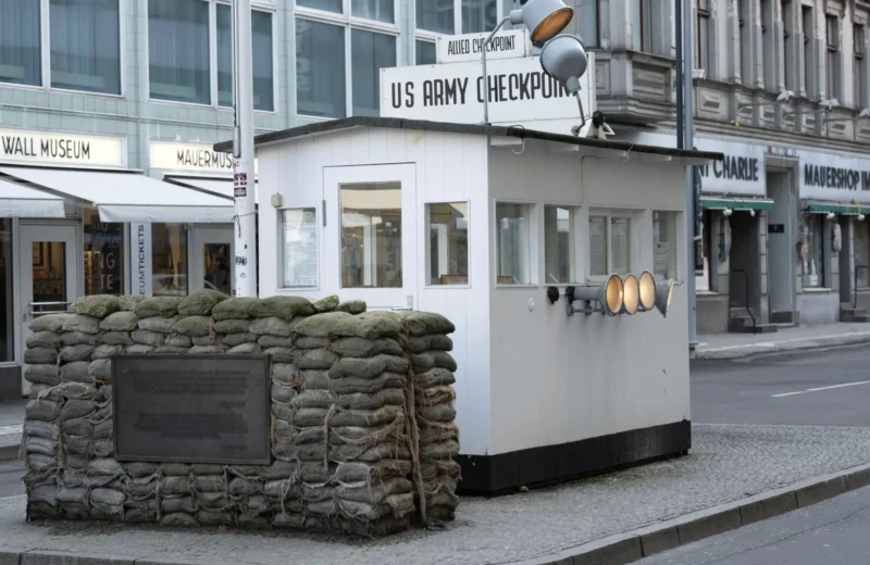 Historic US Army checkpoint at Berlin's Mauermuseum near former Berlin Wall.