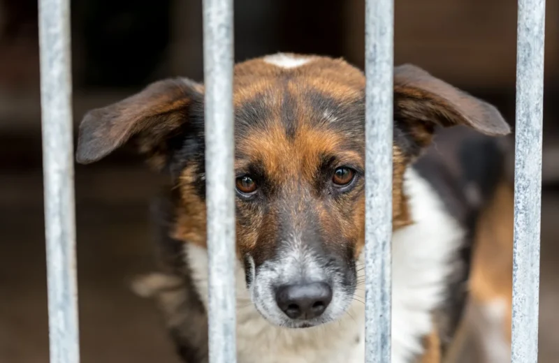 A mixed-breed dog gazes thoughtfully through the bars of its kennel.