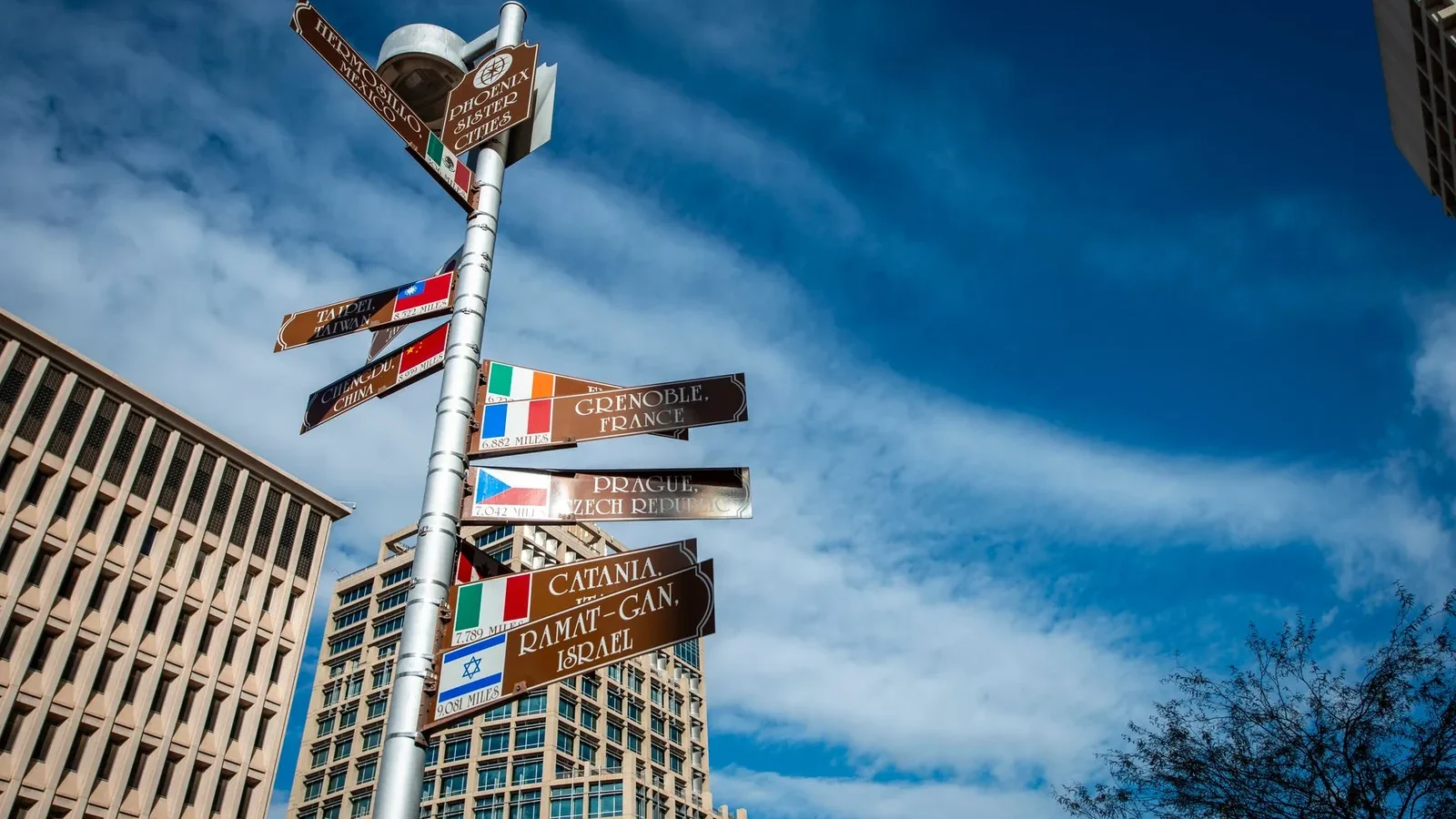 A low angle shot of a signpost featuring cities names and directions with office buildings in the background.