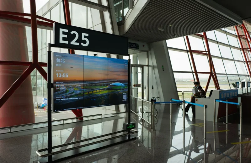 A view of a modern airport terminal showcasing Gate E25 with a flight display board.