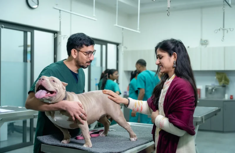 A vet examines a dog with its owner at a veterinary clinic.