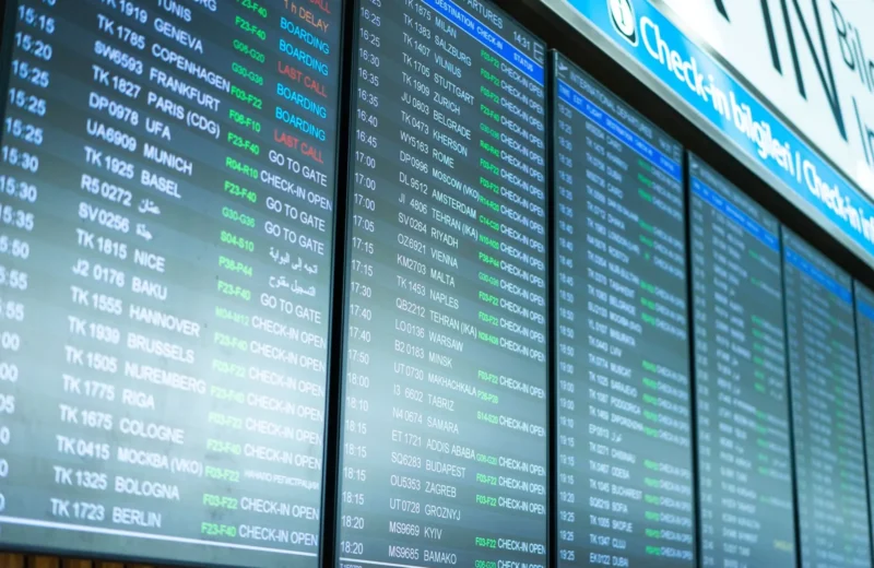 Digital screens display flight information and schedules at an airport terminal.