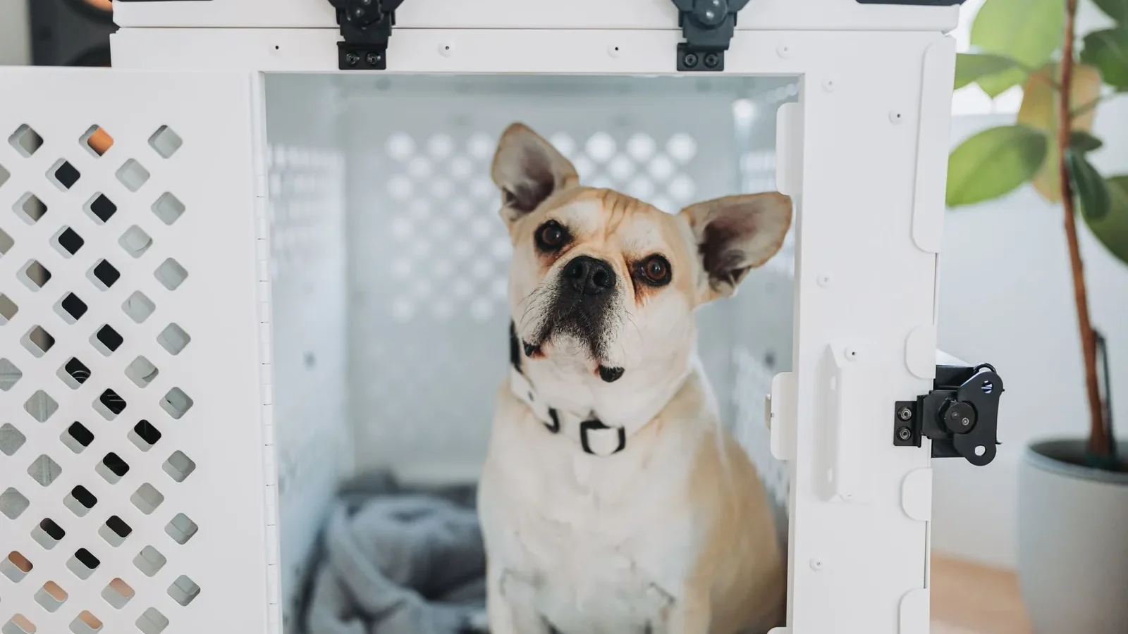 French Bulldog inside Impact dog crate for safe home pet care.