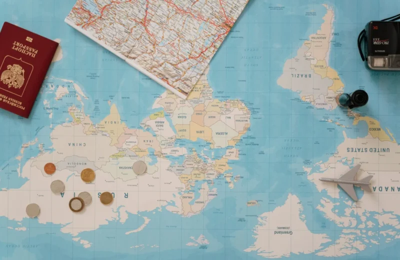 Flat lay of a world map, passport, coins, and camera for travel planning.