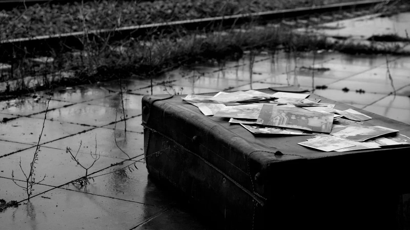 Black and white photo of an old suitcase and photos near train tracks, evoking nostalgia.