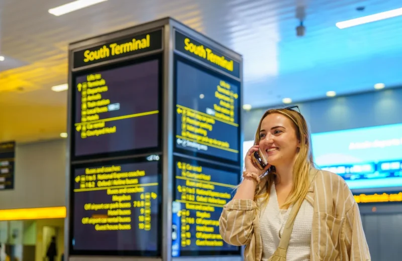 Smiling woman on phone in South Terminal of Gatwick Airport, Horley, enjoying her travel experience.