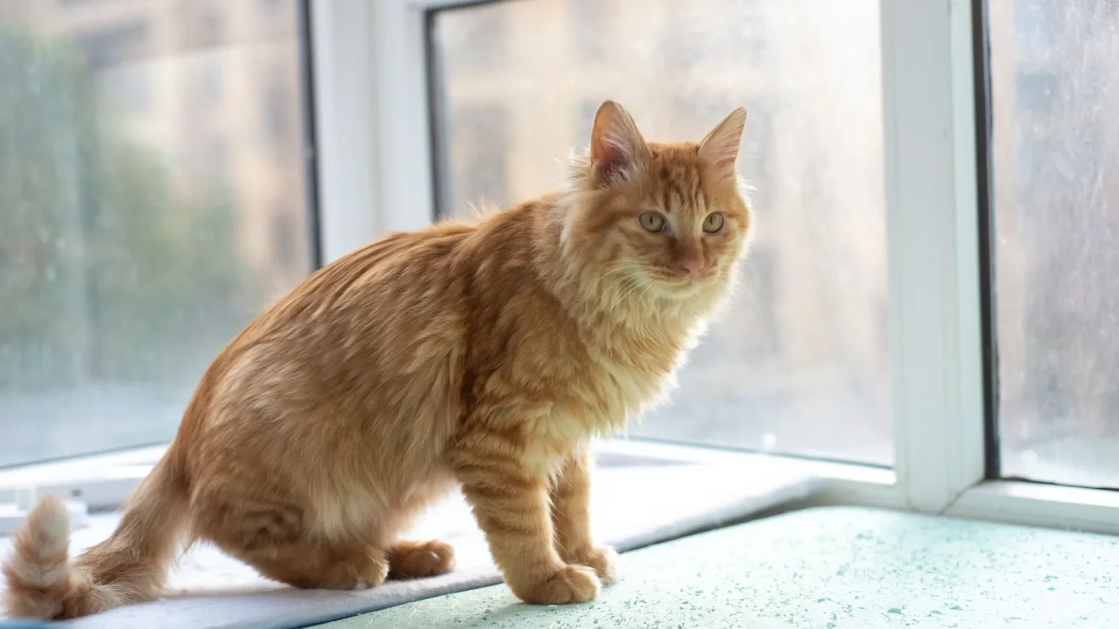 A fluffy ginger cat sits by a sunlit window in a cozy indoor setting, exuding warmth and tranquility.