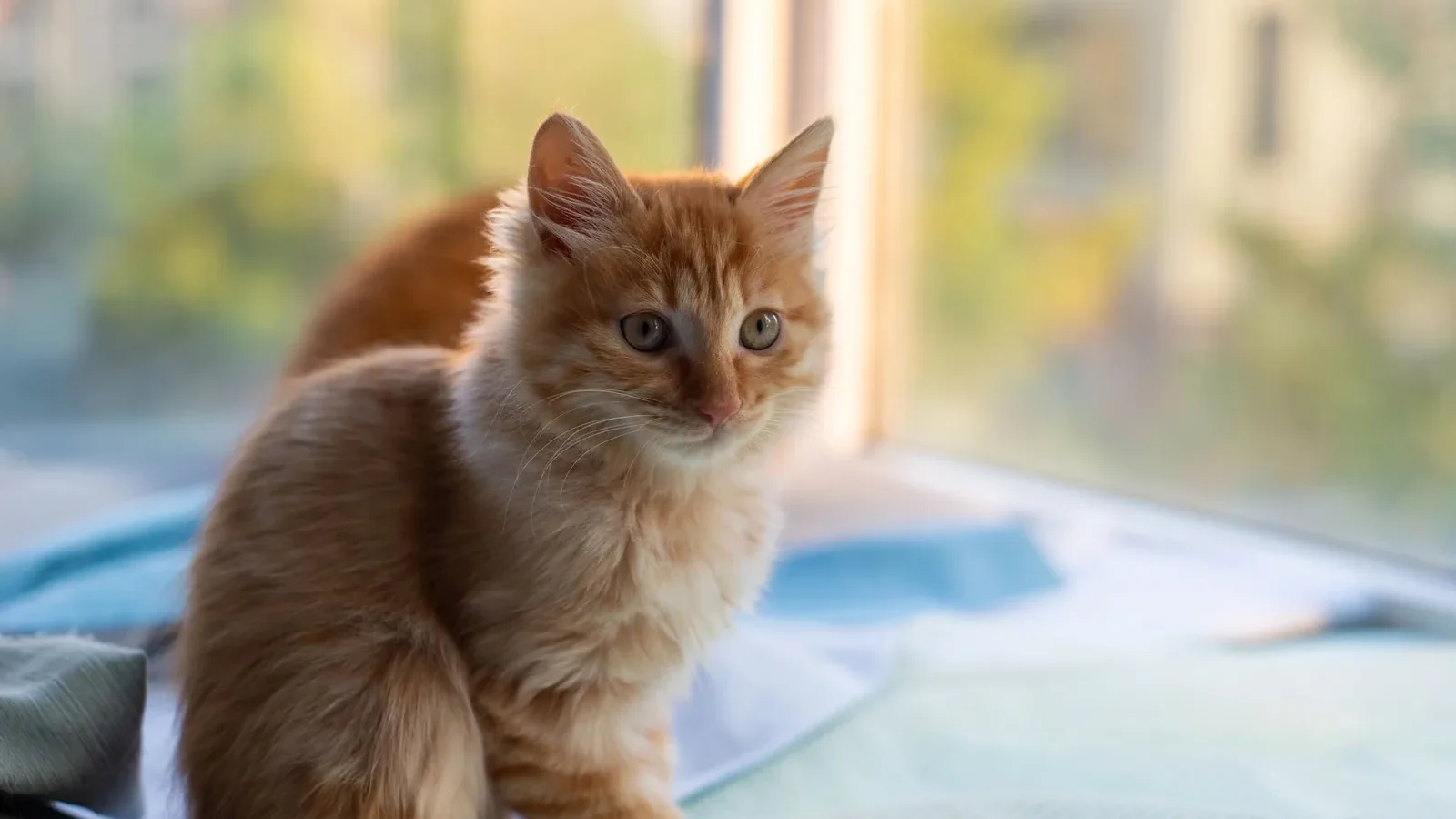 An adorable ginger kitten sits by a sunny window, showcasing its curious nature.