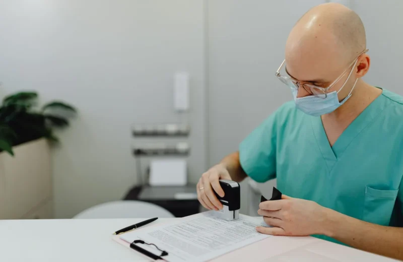 Medical professional in scrubs reviewing documents at an office desk.