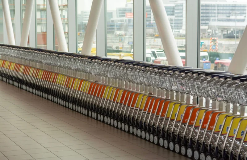 A row of luggage carts neatly lined up inside Schiphol Airport in Amsterdam.