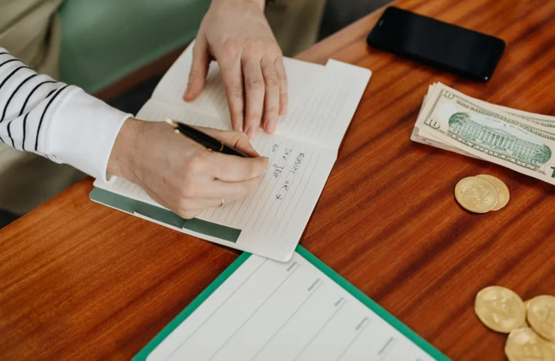 Person writing in a notebook on a wooden table with cash, coins, and a phone nearby.