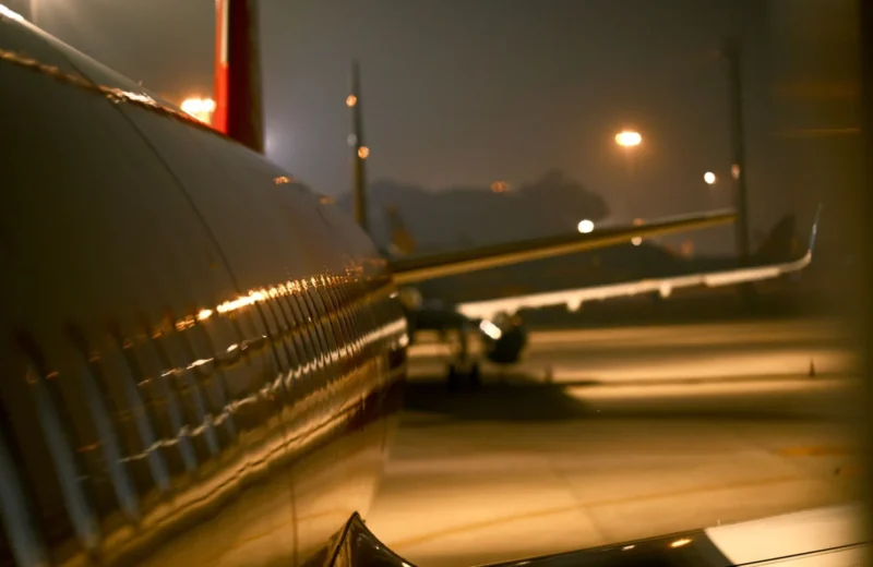 Aviation-themed night scene with airplane wings and runway lighting at Vietnam airport.